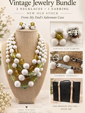 Vintage White and Yellow-Green Beaded Necklace Set - Stamped Germany